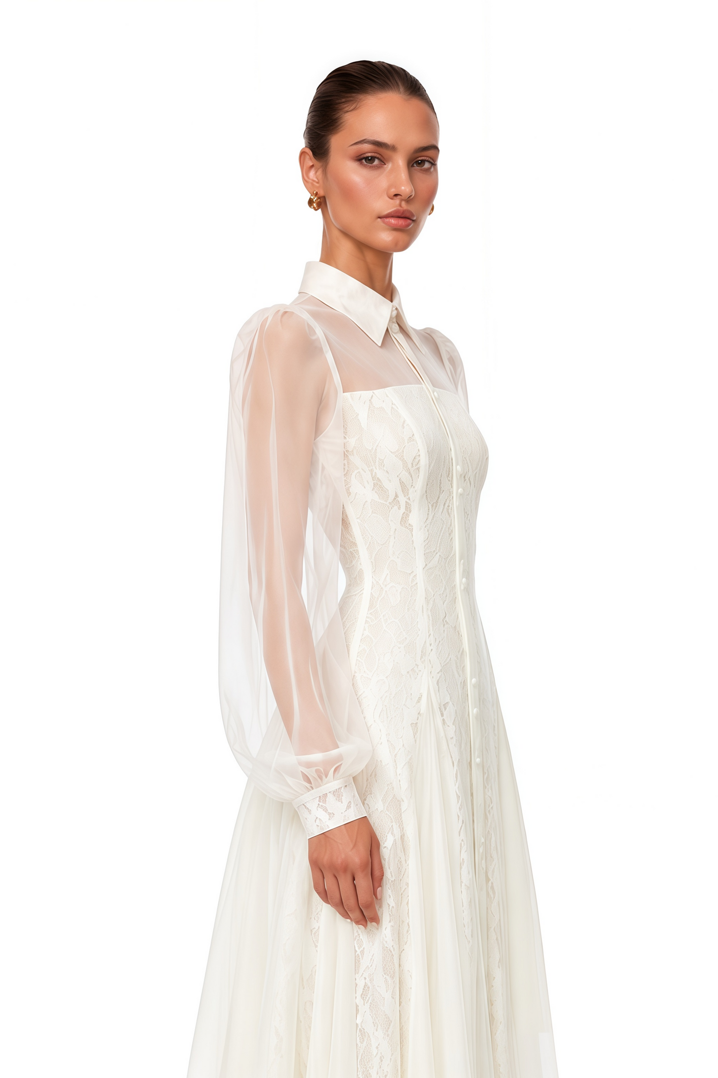 Jovanne White Collared Sheer Sleeve Lace Midi Dress