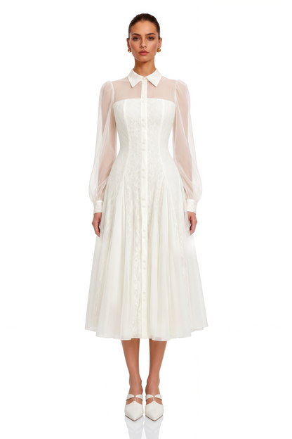 Jovanne White Collared Sheer Sleeve Lace Midi Dress