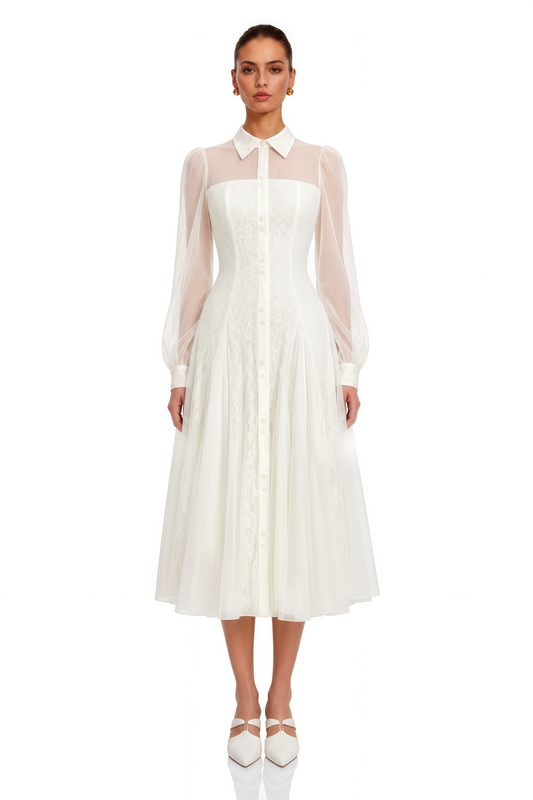 Jovanne White Collared Sheer Sleeve Lace Midi Dress