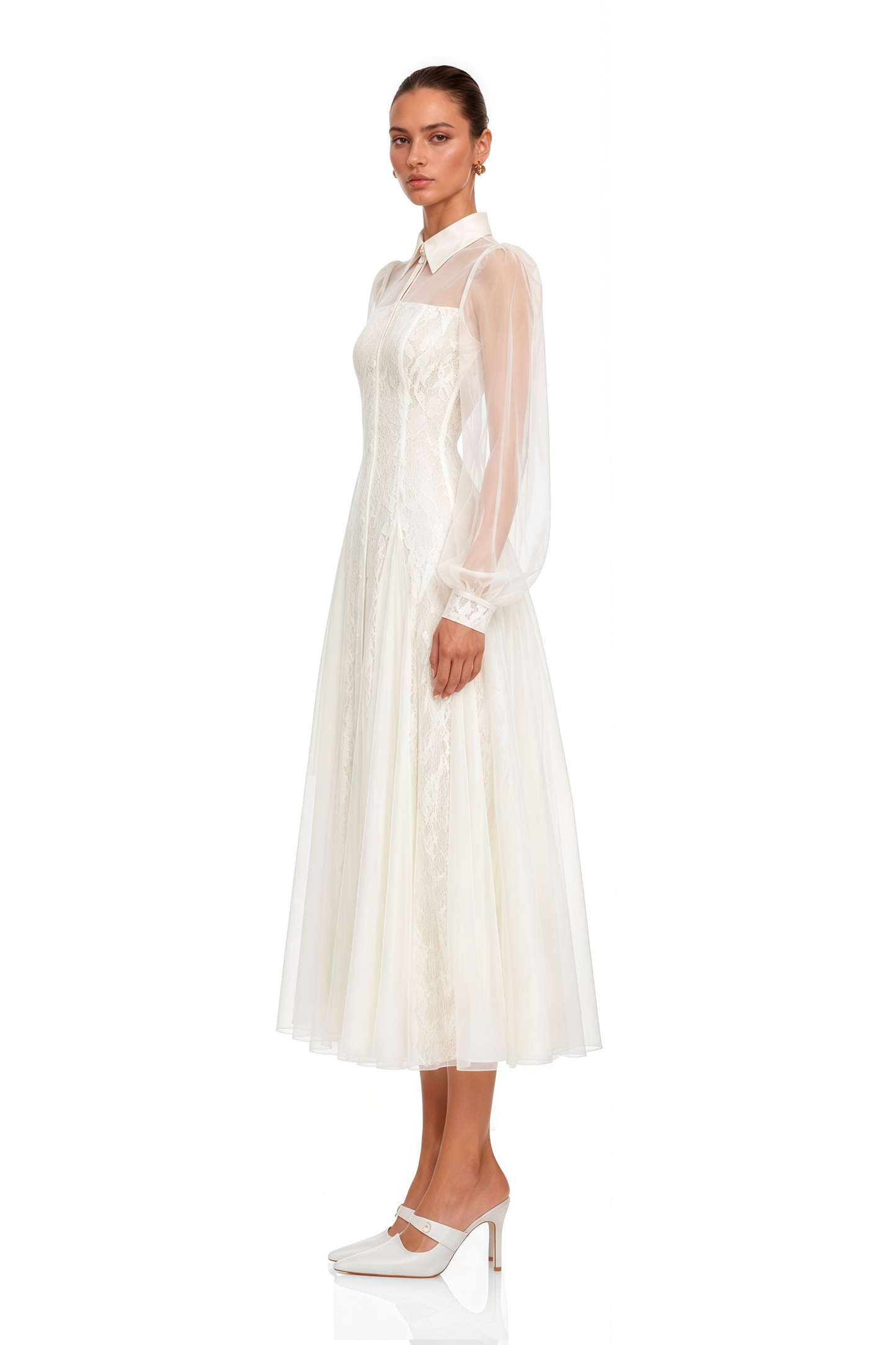 Jovanne White Collared Sheer Sleeve Lace Midi Dress