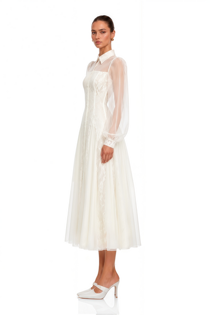 Jovanne White Collared Sheer Sleeve Lace Midi Dress