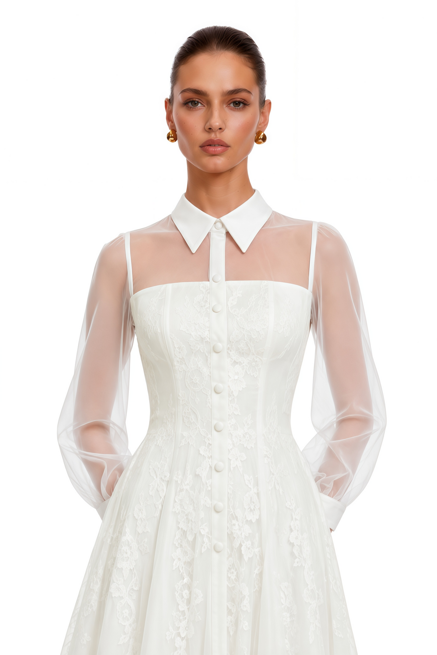 Jovanne White Collared Sheer Sleeve Lace Midi Dress