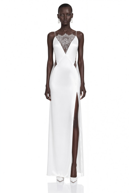 Jovie White Maxi Dress with Lace Panels and Slit