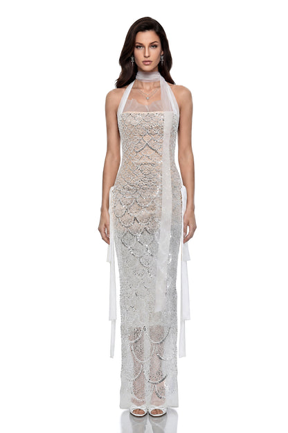 Jovienne White Sequin Embellished Maxi Dress