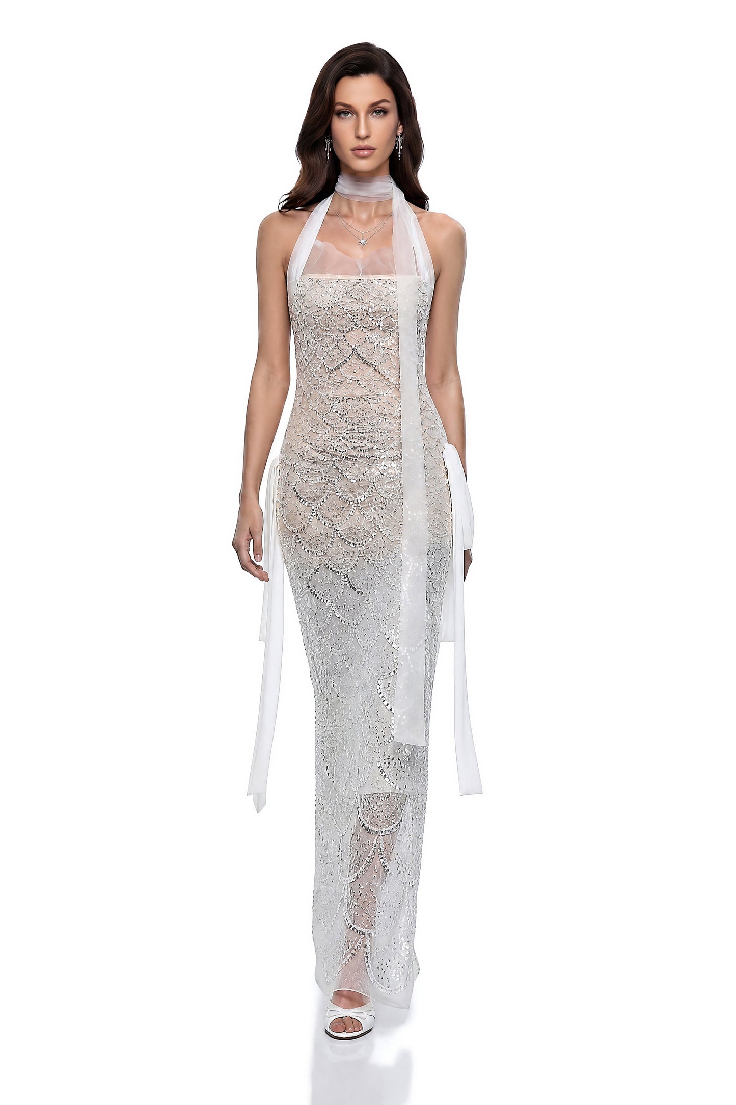 Jovienne White Sequin Embellished Maxi Dress