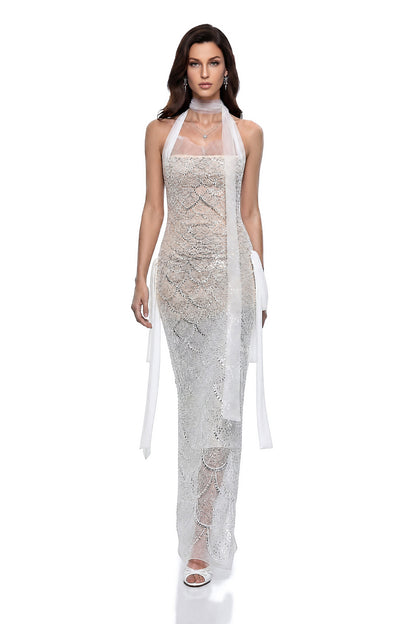 Jovienne White Sequin Embellished Maxi Dress