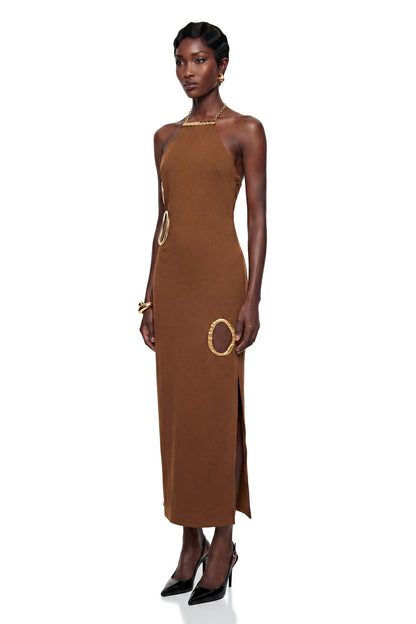 Rosalind Chocolate Brown Open Back Embellished Maxi Dress