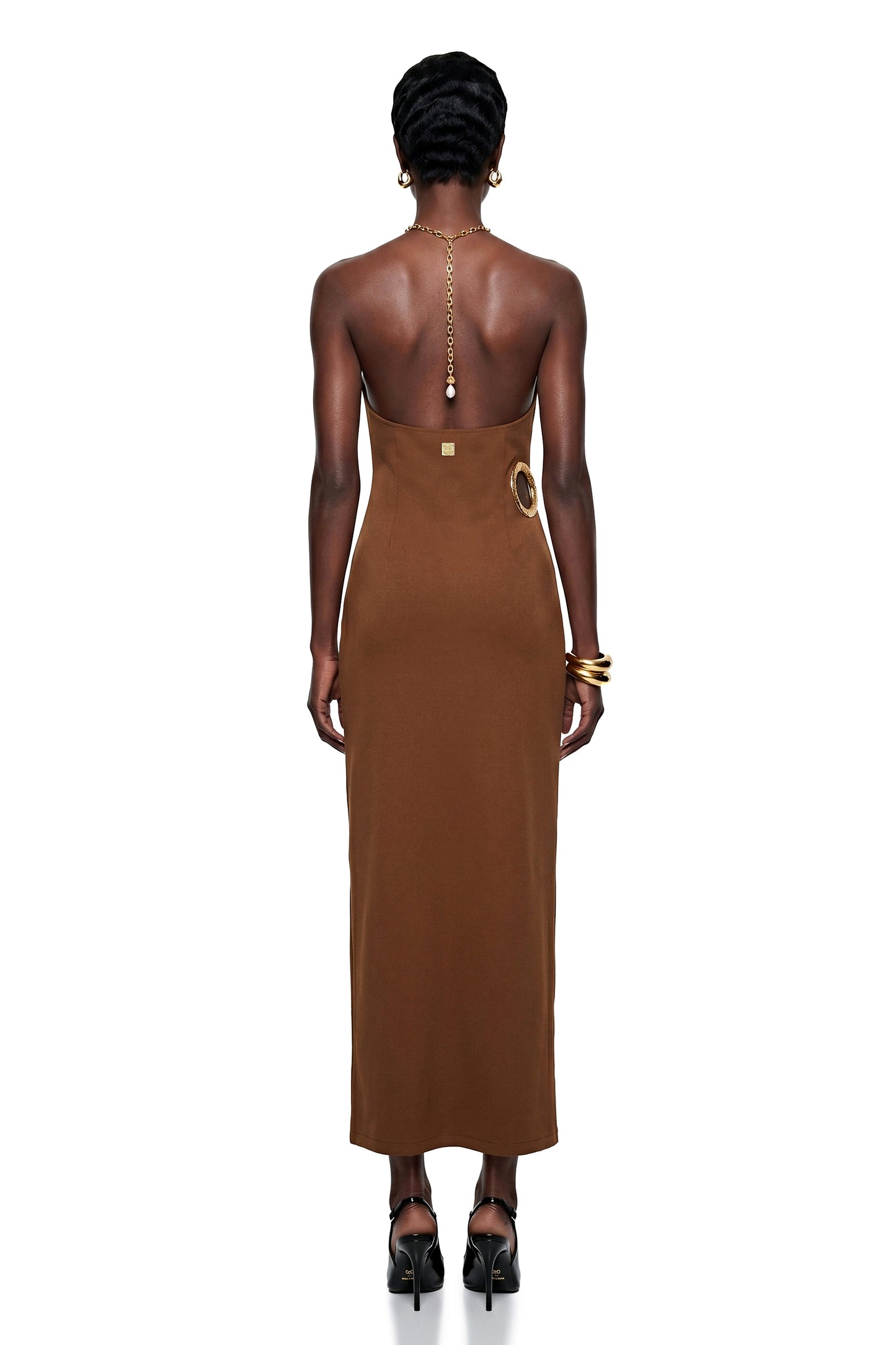 Rosalind Chocolate Brown Open Back Embellished Maxi Dress