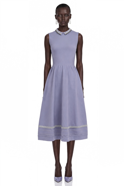 Judith Lavender Cap Sleeve Embellished Collar Midi Dress