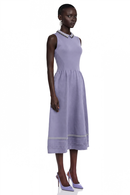 Judith Lavender Cap Sleeve Embellished Collar Midi Dress