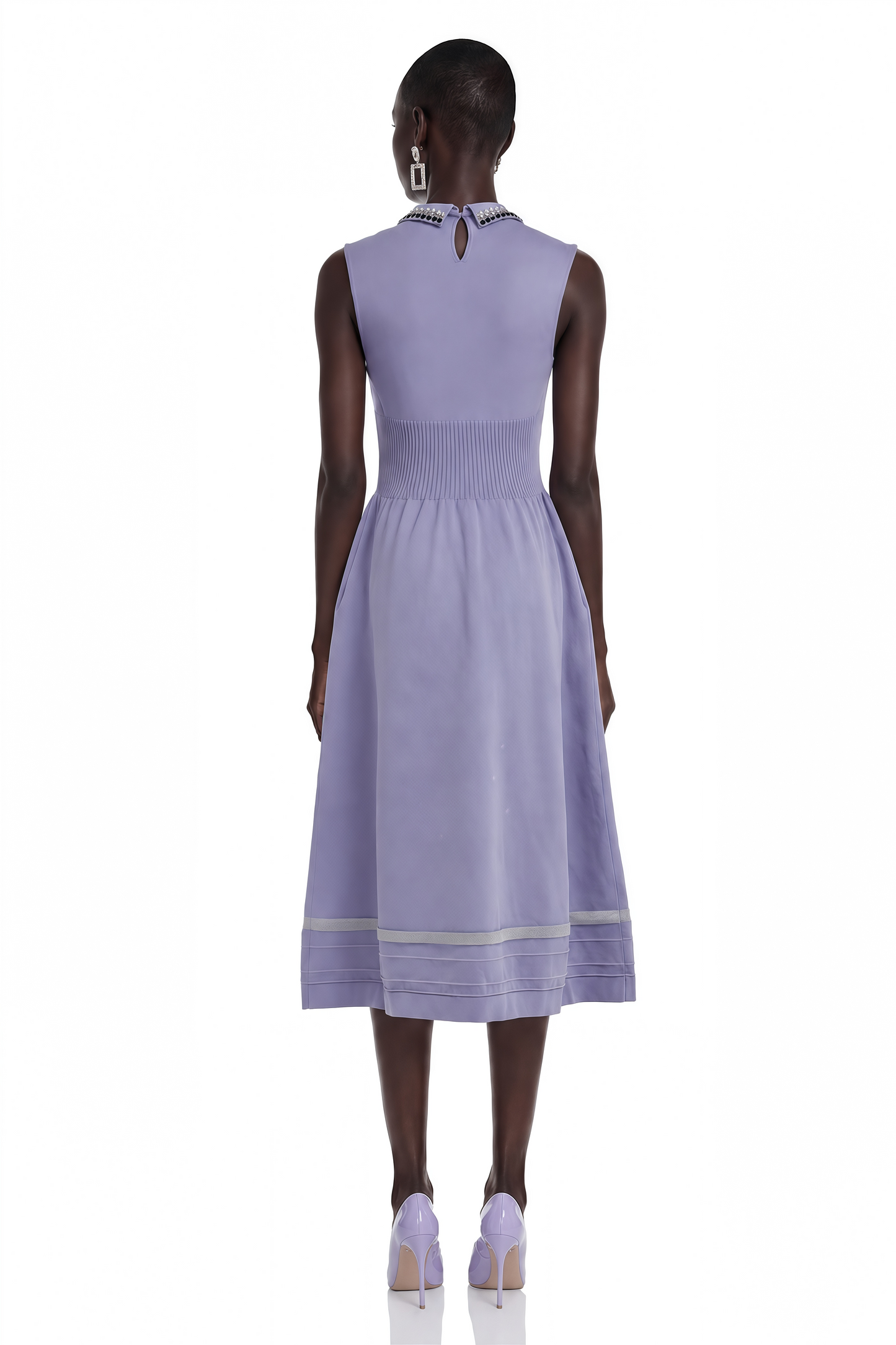 Judith Lavender Cap Sleeve Embellished Collar Midi Dress