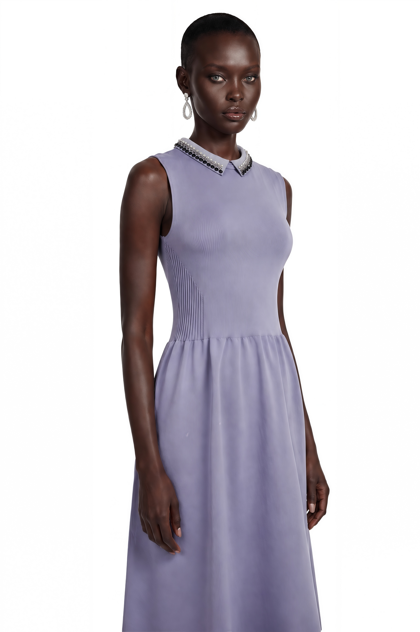 Judith Lavender Cap Sleeve Embellished Collar Midi Dress