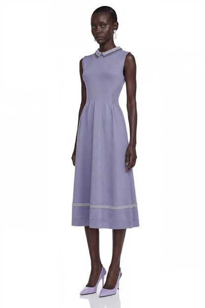 Judith Lavender Cap Sleeve Embellished Collar Midi Dress