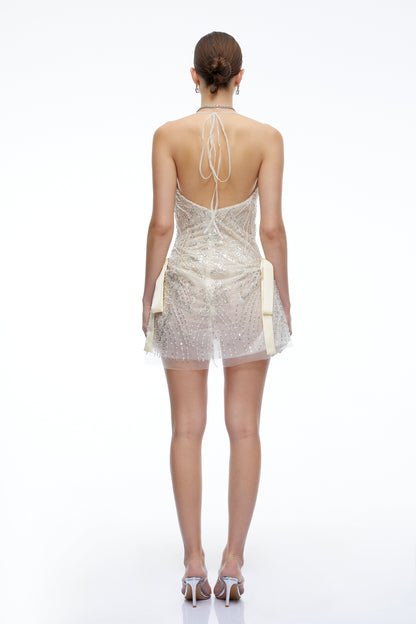 Juliana Neutral Sequin Halterneck Draped Mini Dress