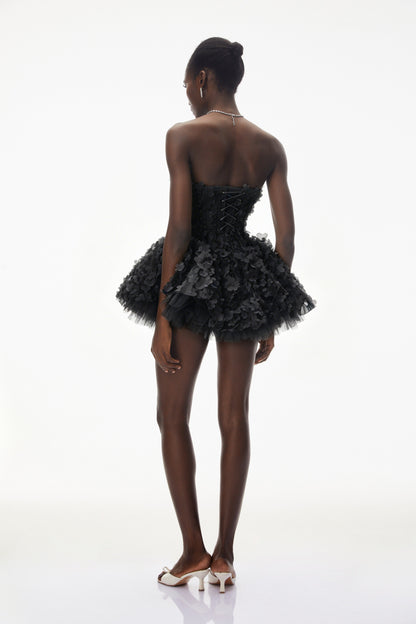 June Black 3D Petal Puff Mini Dress