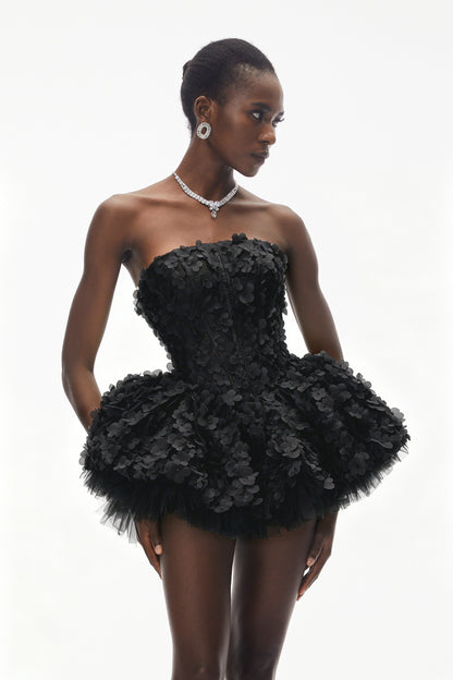 June Black 3D Petal Puff Mini Dress