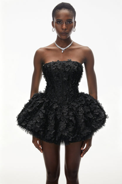 June Black 3D Petal Puff Mini Dress