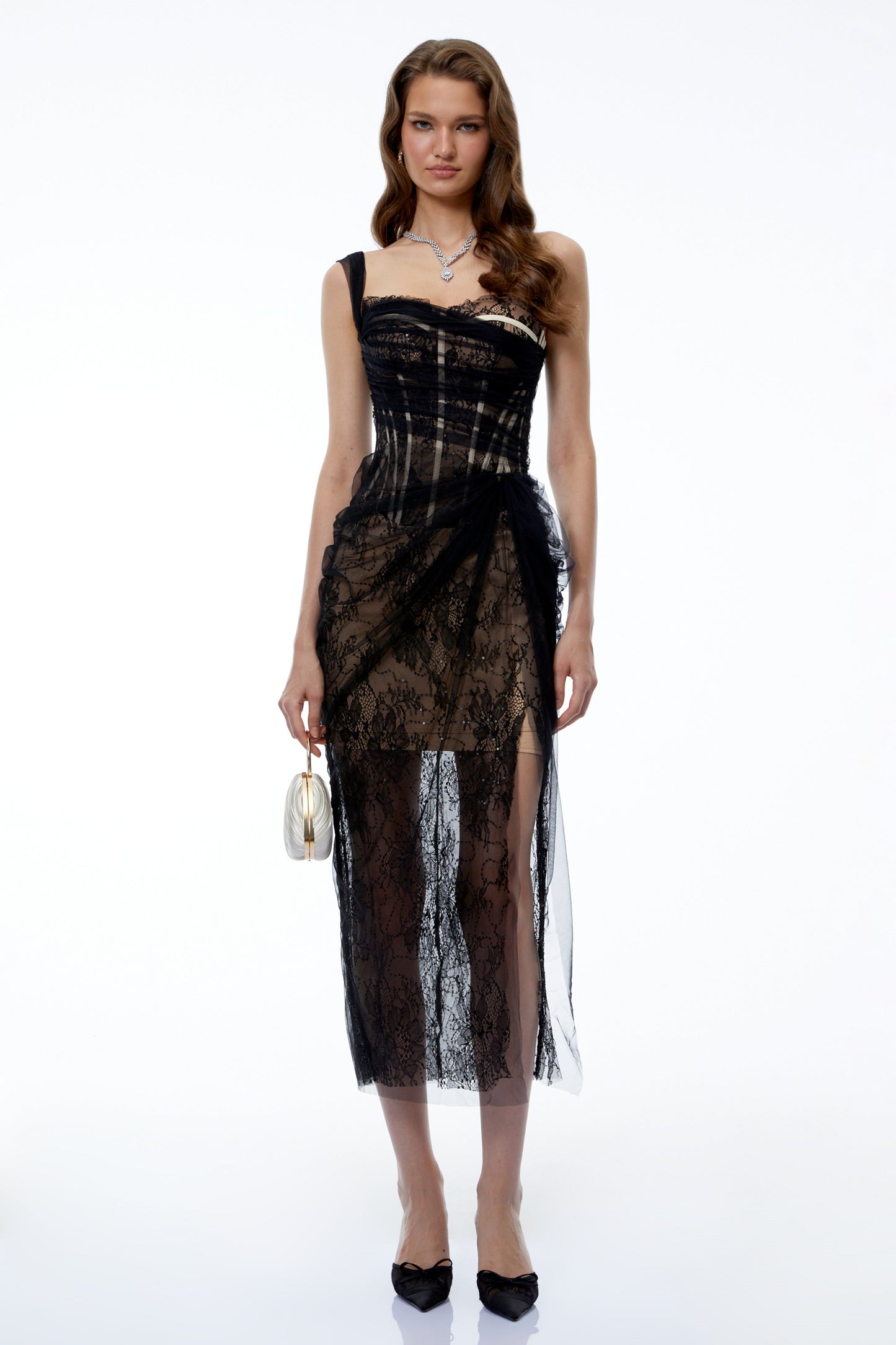 Juno Black Pleated Mesh Midi Dress