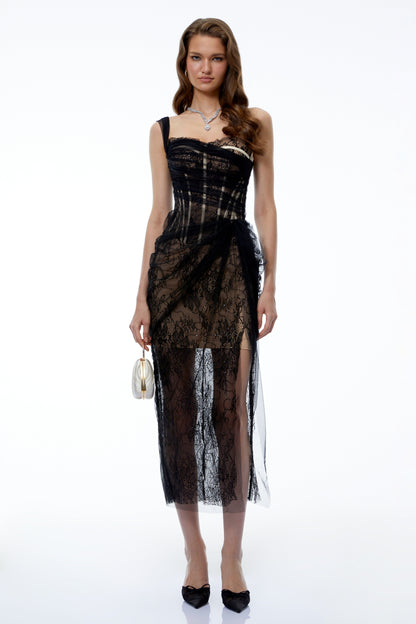 Juno Black Pleated Mesh Midi Dress