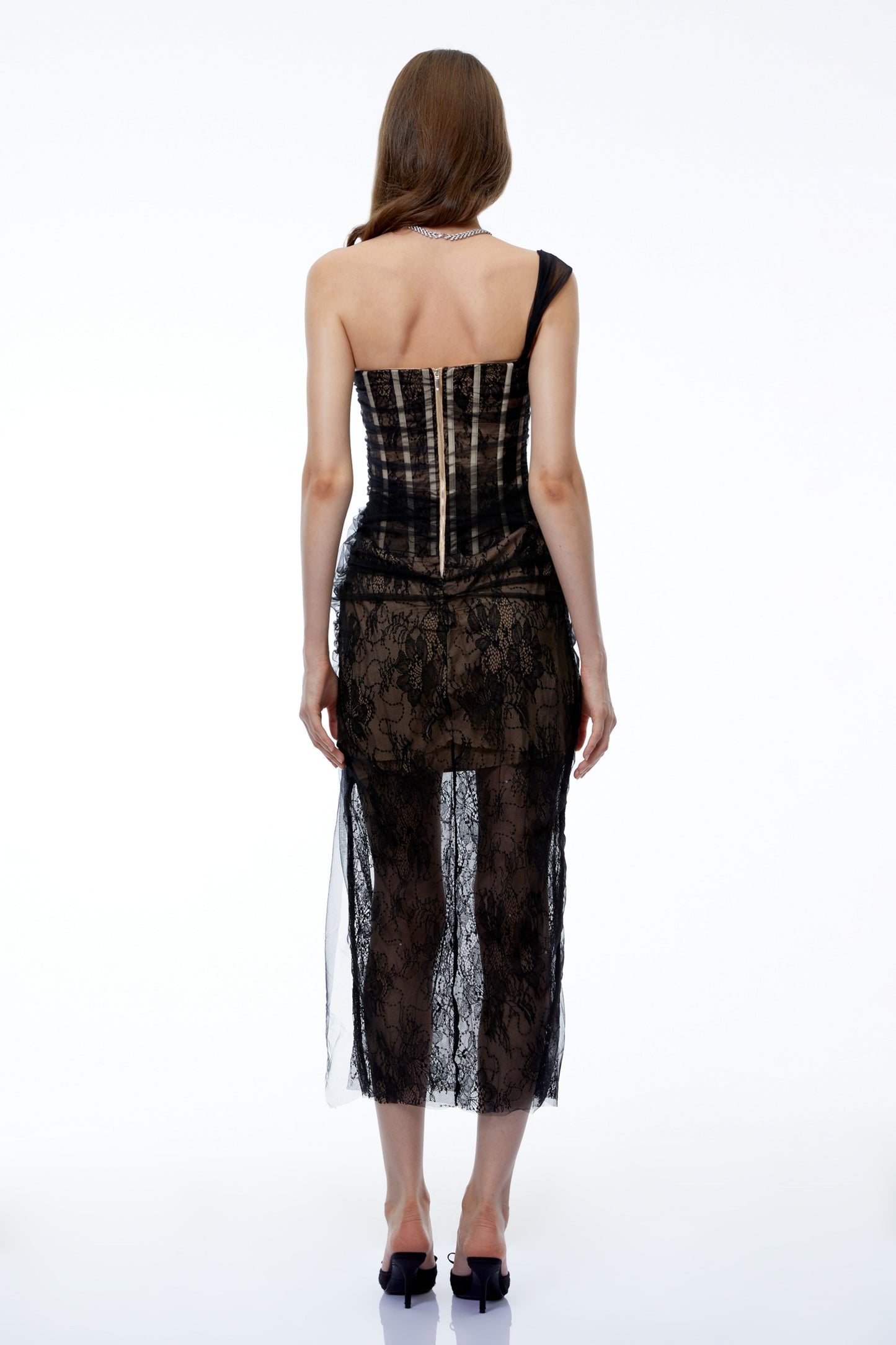 Juno Black Pleated Mesh Midi Dress