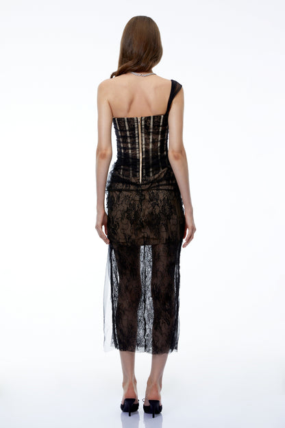 Juno Black Pleated Mesh Midi Dress