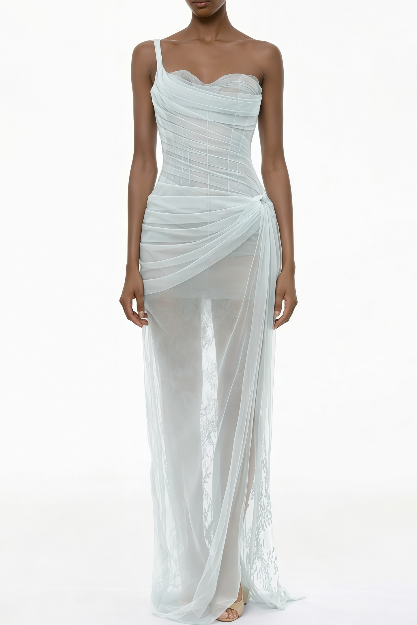 Juno Blue Pleated Mesh Midi Dress