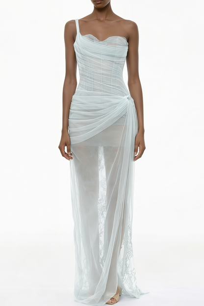 Juno Blue Pleated Mesh Midi Dress