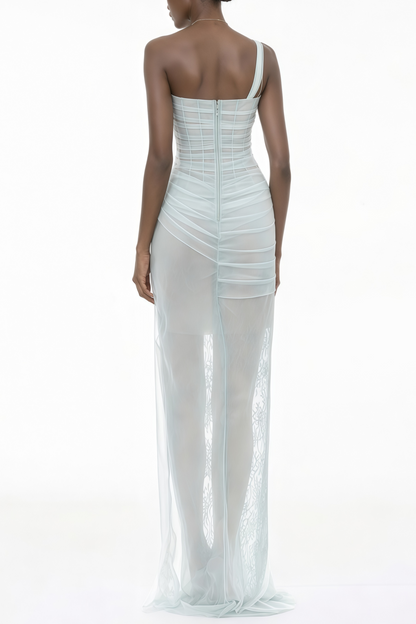 Juno Blue Pleated Mesh Midi Dress
