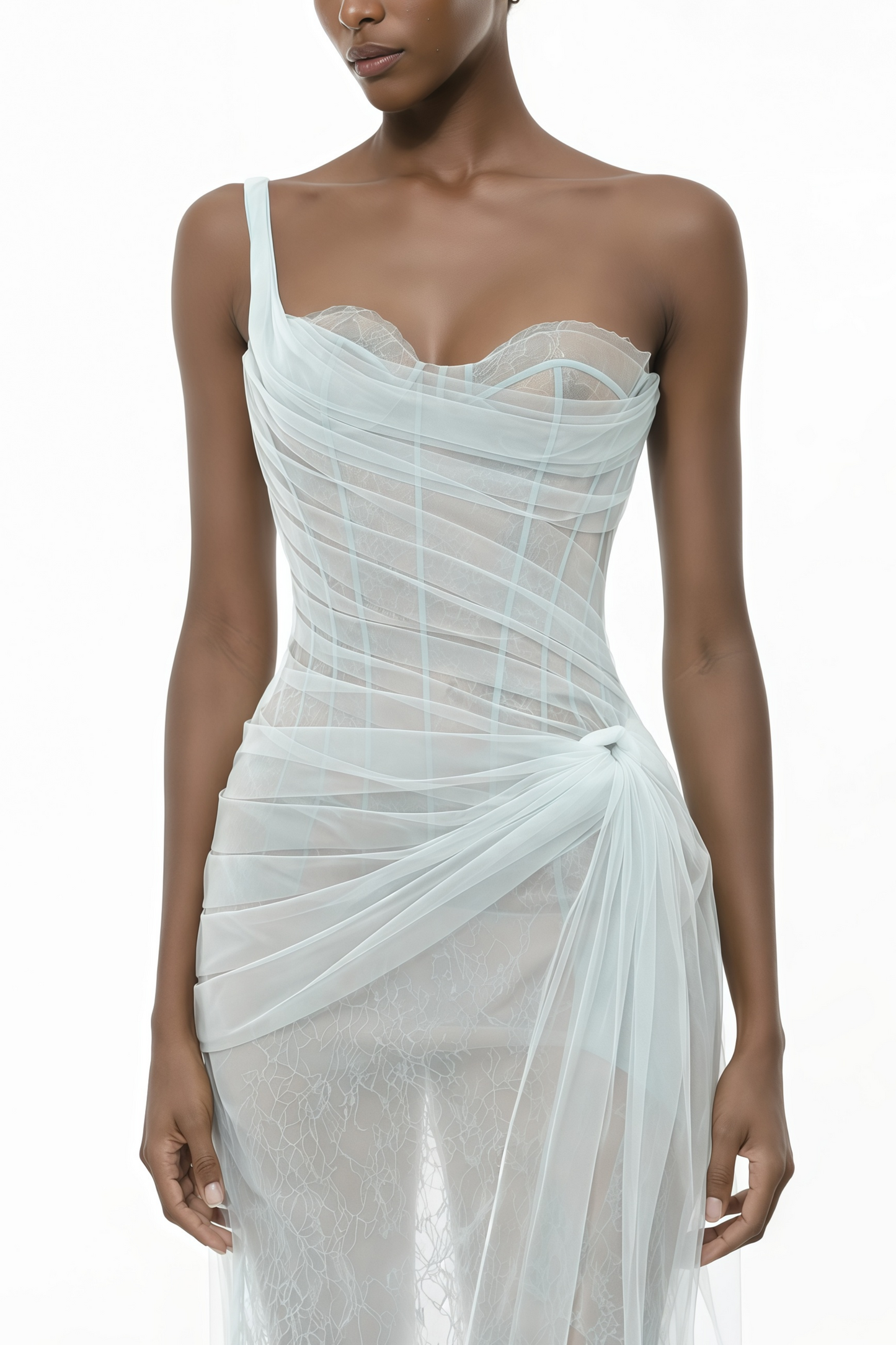 Juno Blue Pleated Mesh Midi Dress