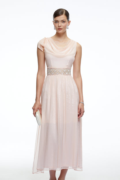 Kaelin Pink Draped Cowl Neck Midi Dress with Bow