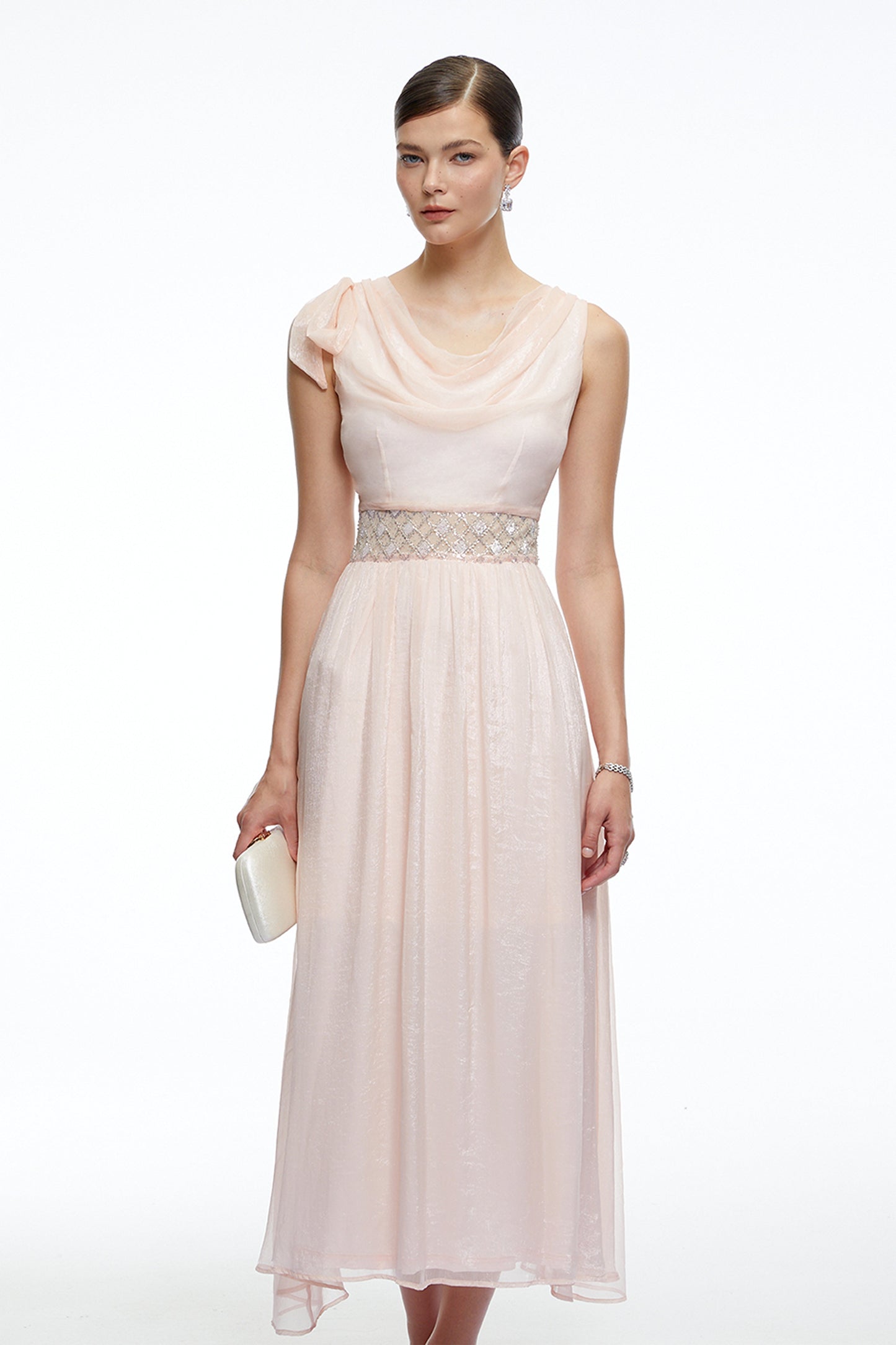 Kaelin Pink Draped Cowl Neck Midi Dress with Bow