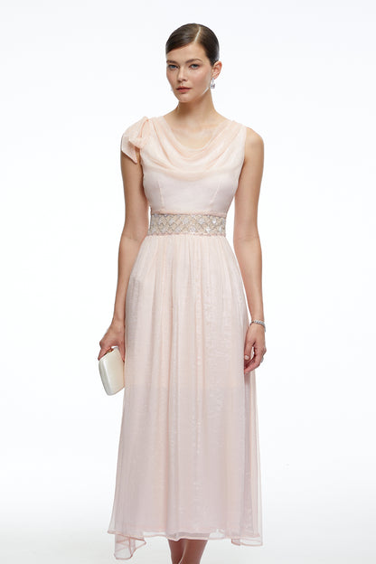 Kaelin Pink Draped Cowl Neck Midi Dress with Bow