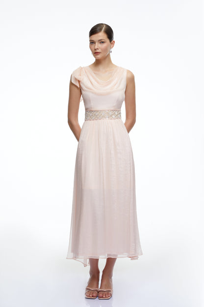 Kaelin Pink Draped Cowl Neck Midi Dress with Bow