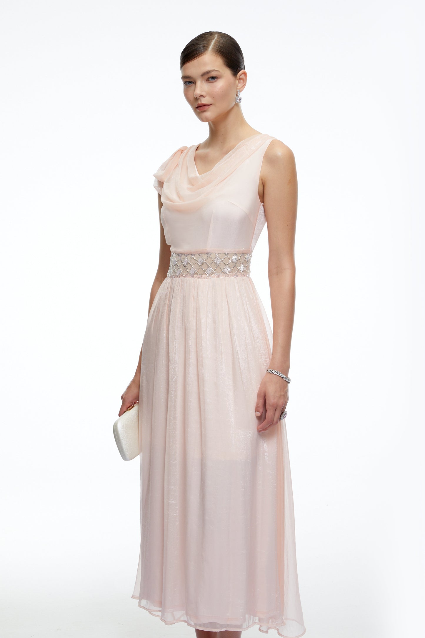 Kaelin Pink Draped Cowl Neck Midi Dress with Bow