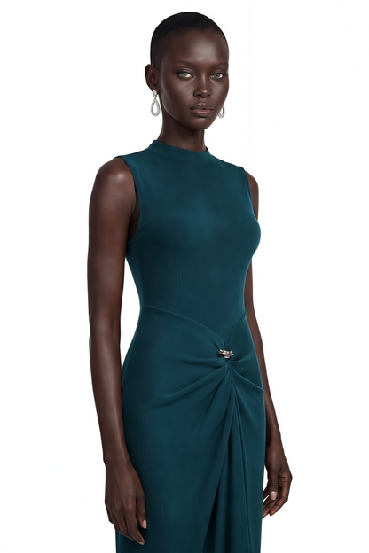 Kamila Dark Green Asymmetrical Ruched Maxi Dress