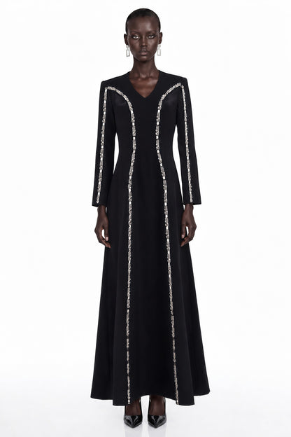 Karamea Black Rhinestone V-Neck Maxi Dress