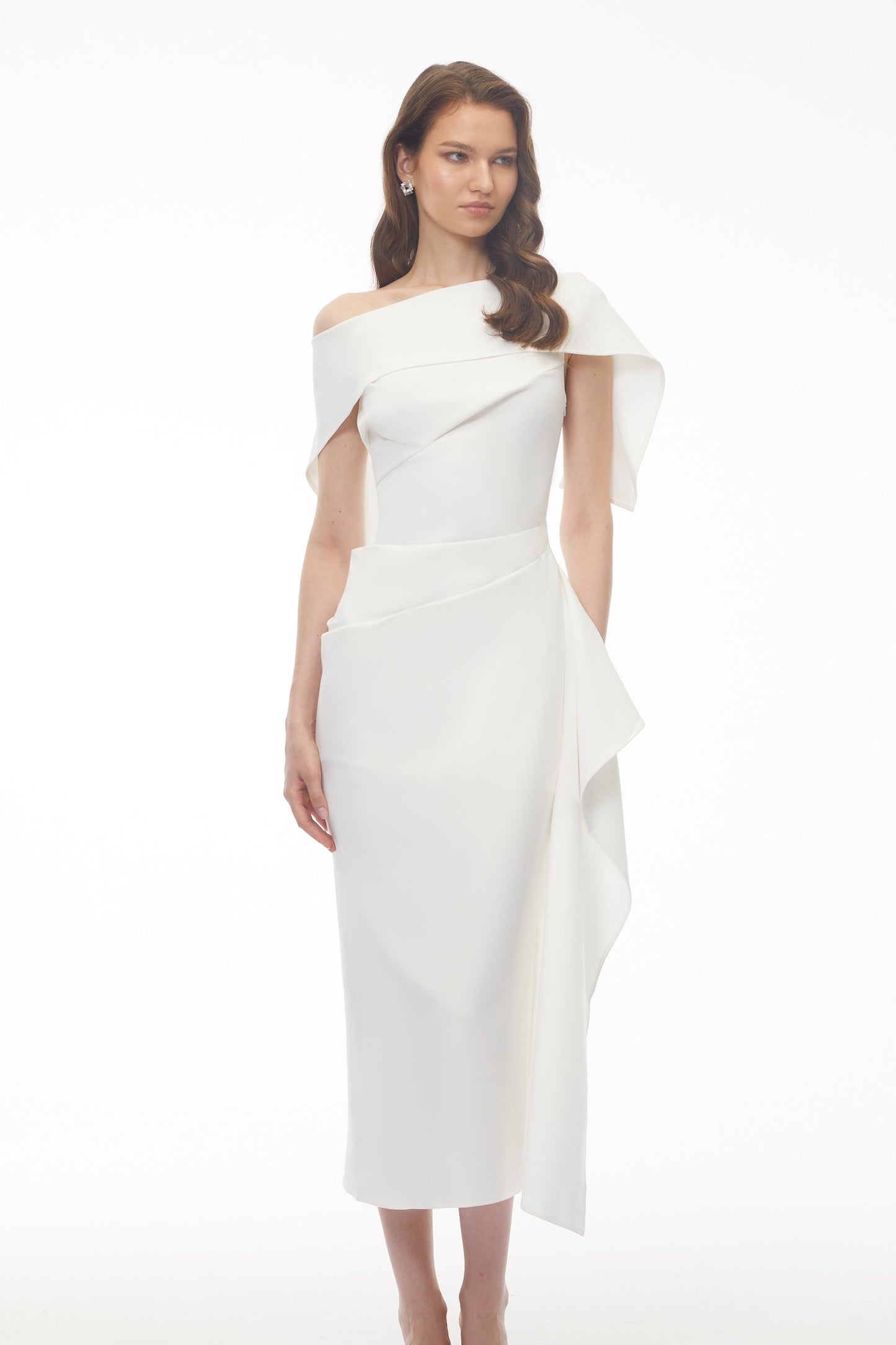 Kare White Asymmetrical Gathered Midi Dress