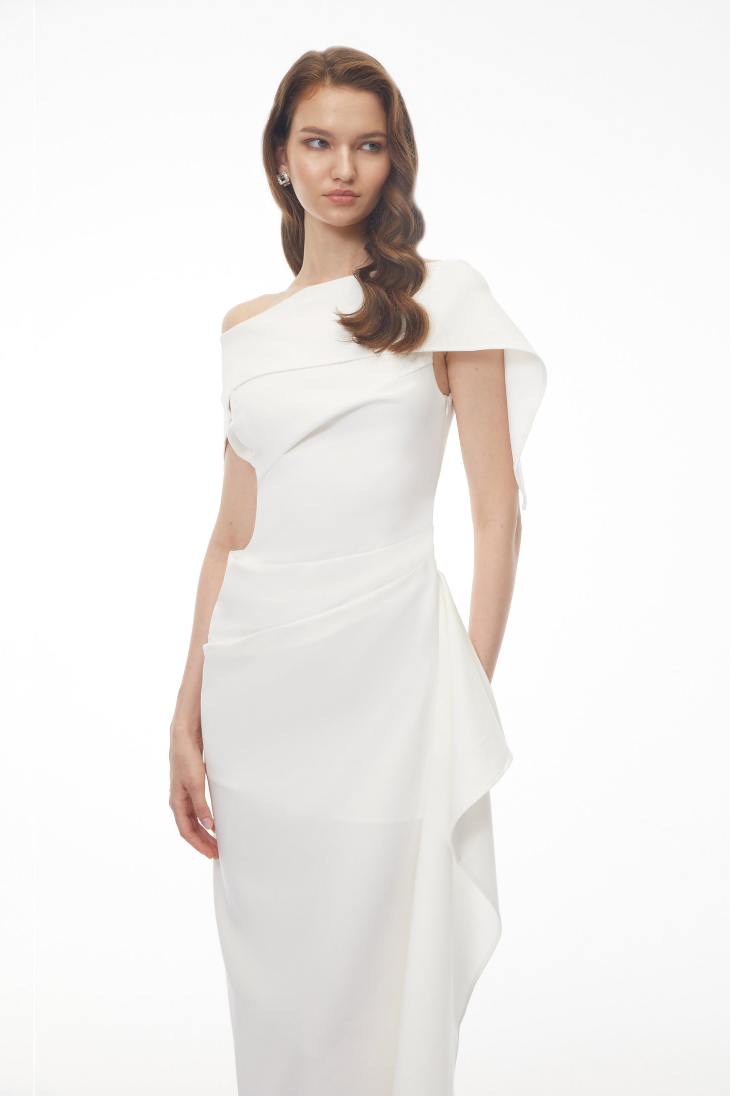 Kare White Asymmetrical Gathered Midi Dress