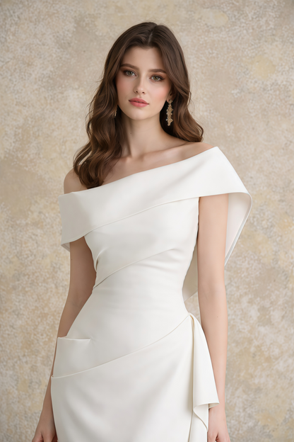 Kare White Asymmetrical Gathered Midi Dress