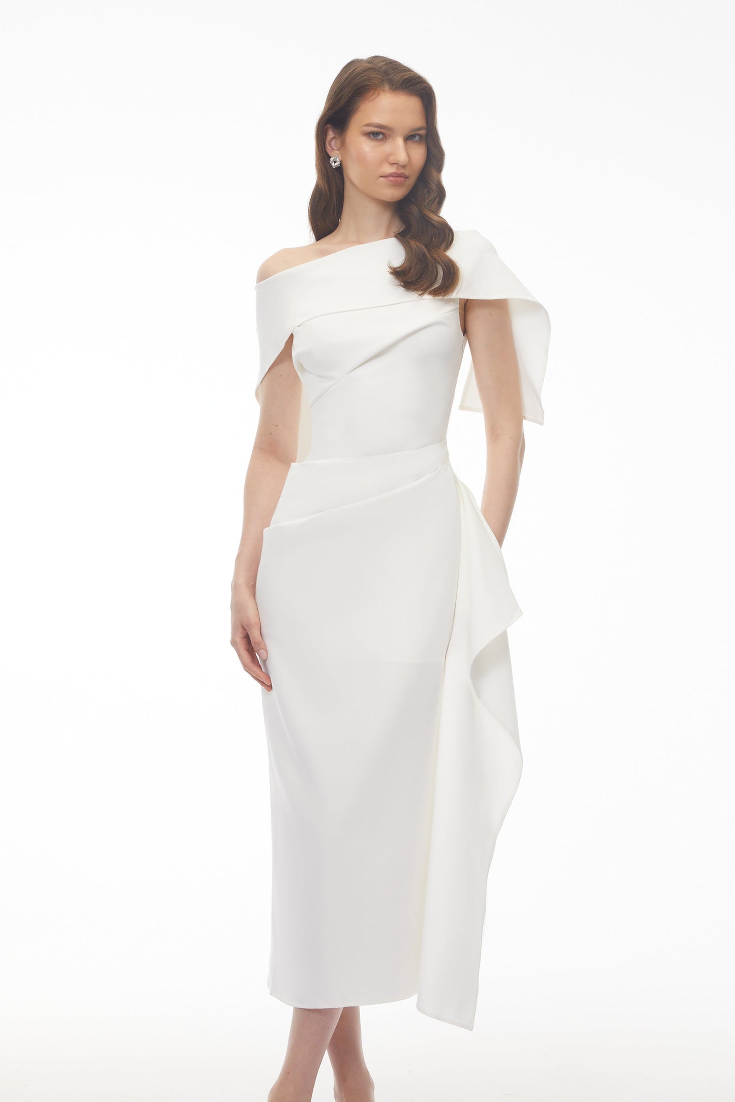 Kare White Asymmetrical Gathered Midi Dress