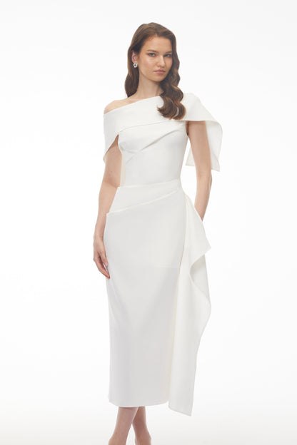 Kare White Asymmetrical Gathered Midi Dress