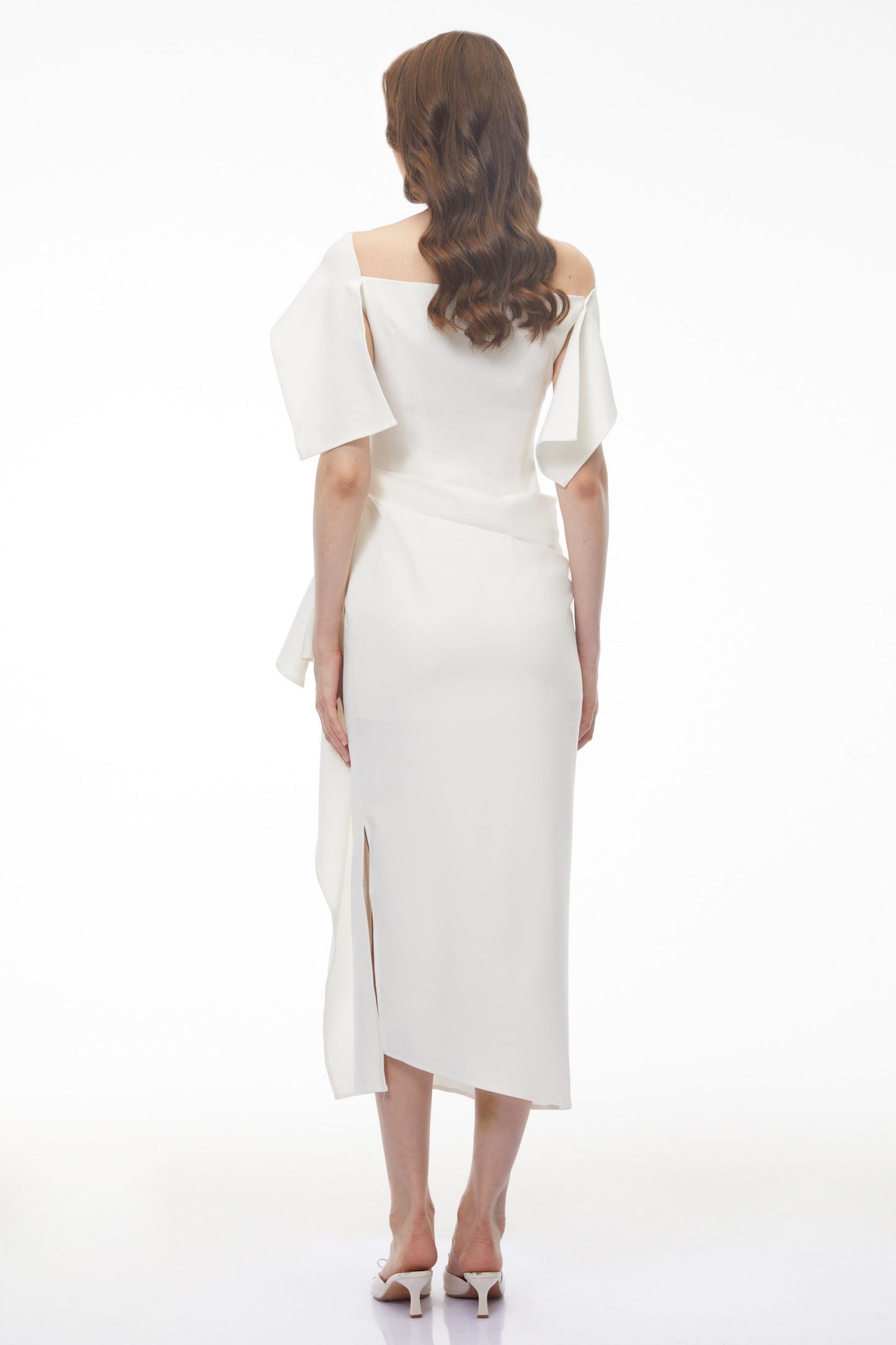 Kare White Asymmetrical Gathered Midi Dress
