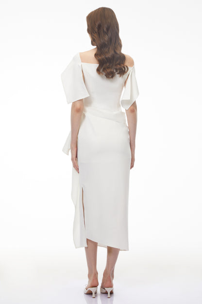 Kare White Asymmetrical Gathered Midi Dress