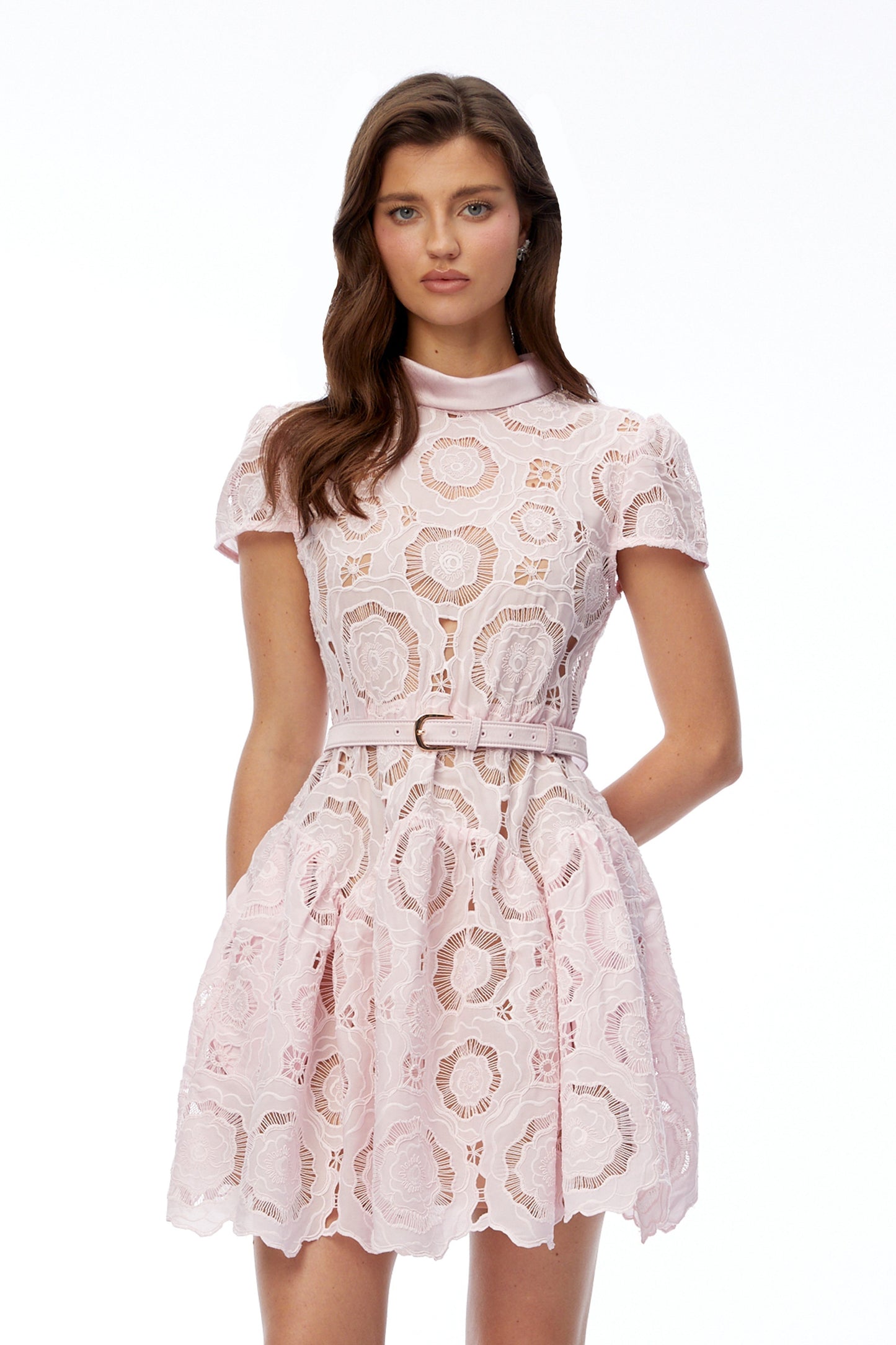 Karma Pink Round Neck Lace Ruffled Mini Dress