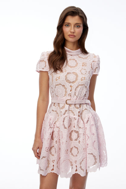 Karma Pink Round Neck Lace Ruffled Mini Dress