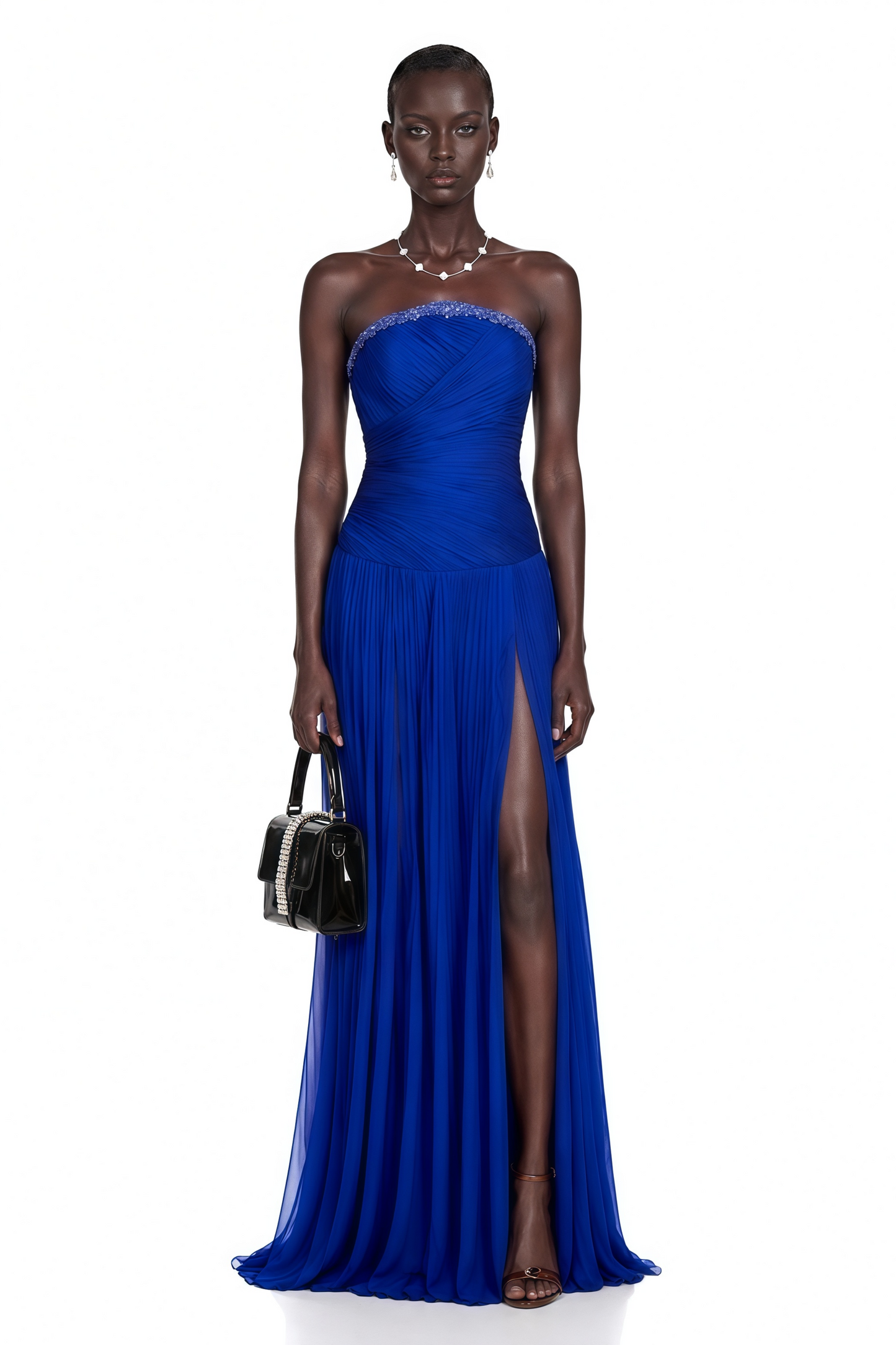 Kassandra Blue Rhinestone Pleated Maxi Dress