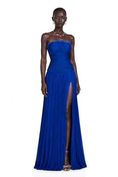 Kassandra Blue Rhinestone Pleated Maxi Dress