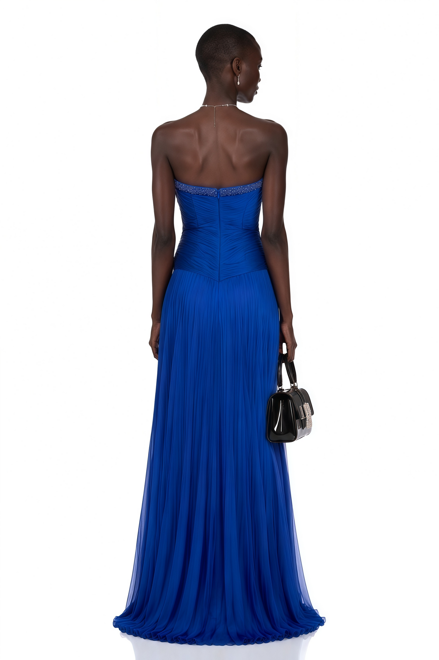 Kassandra Blue Rhinestone Pleated Maxi Dress