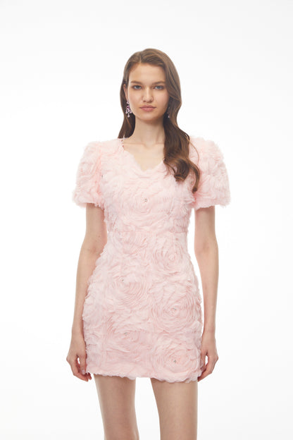 Katarina Pink Puff Sleeve V-Neck Mini Dress with 3D Florals