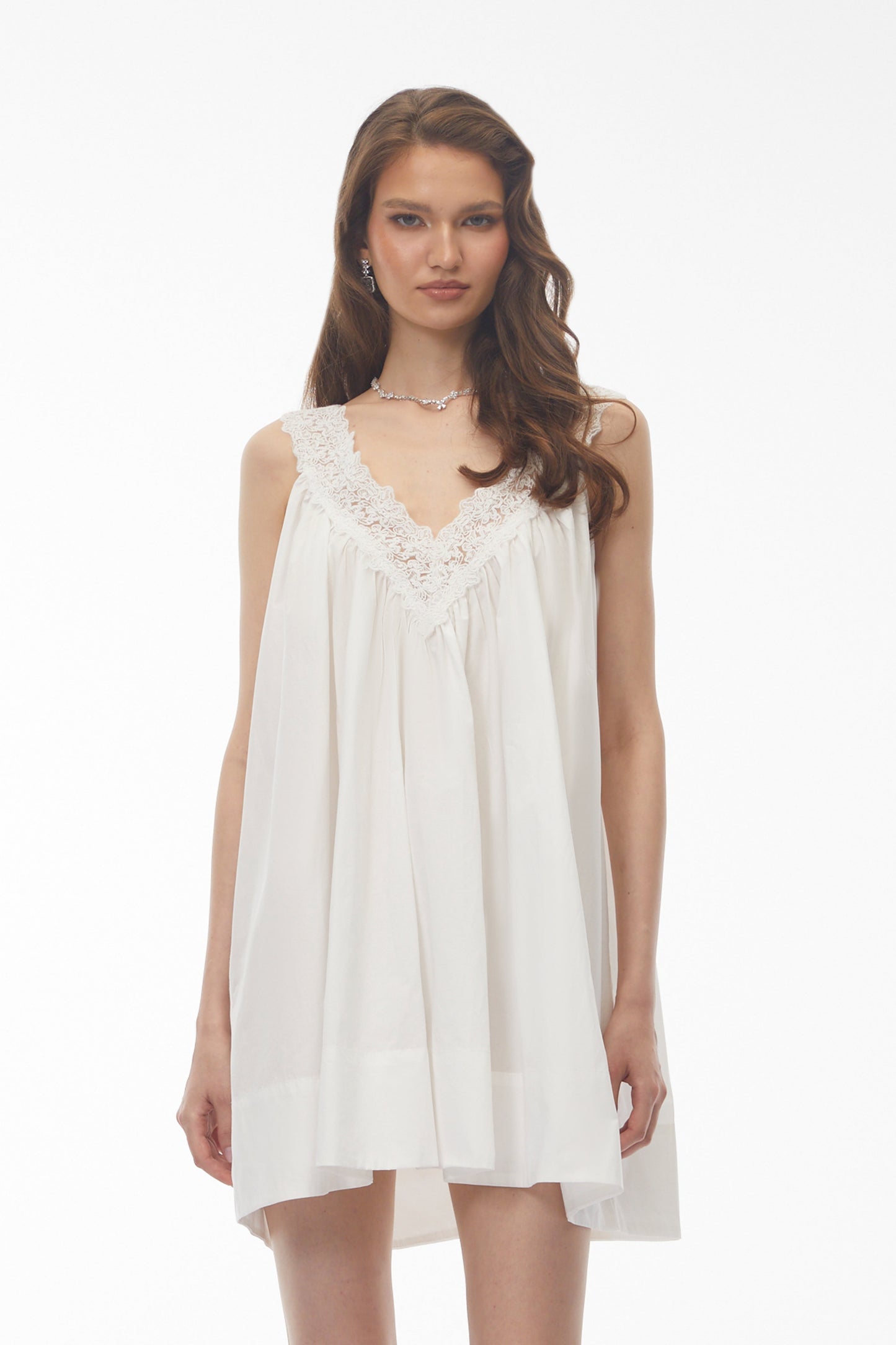 Kátia White Ruched Mini Dress with Lace Trim